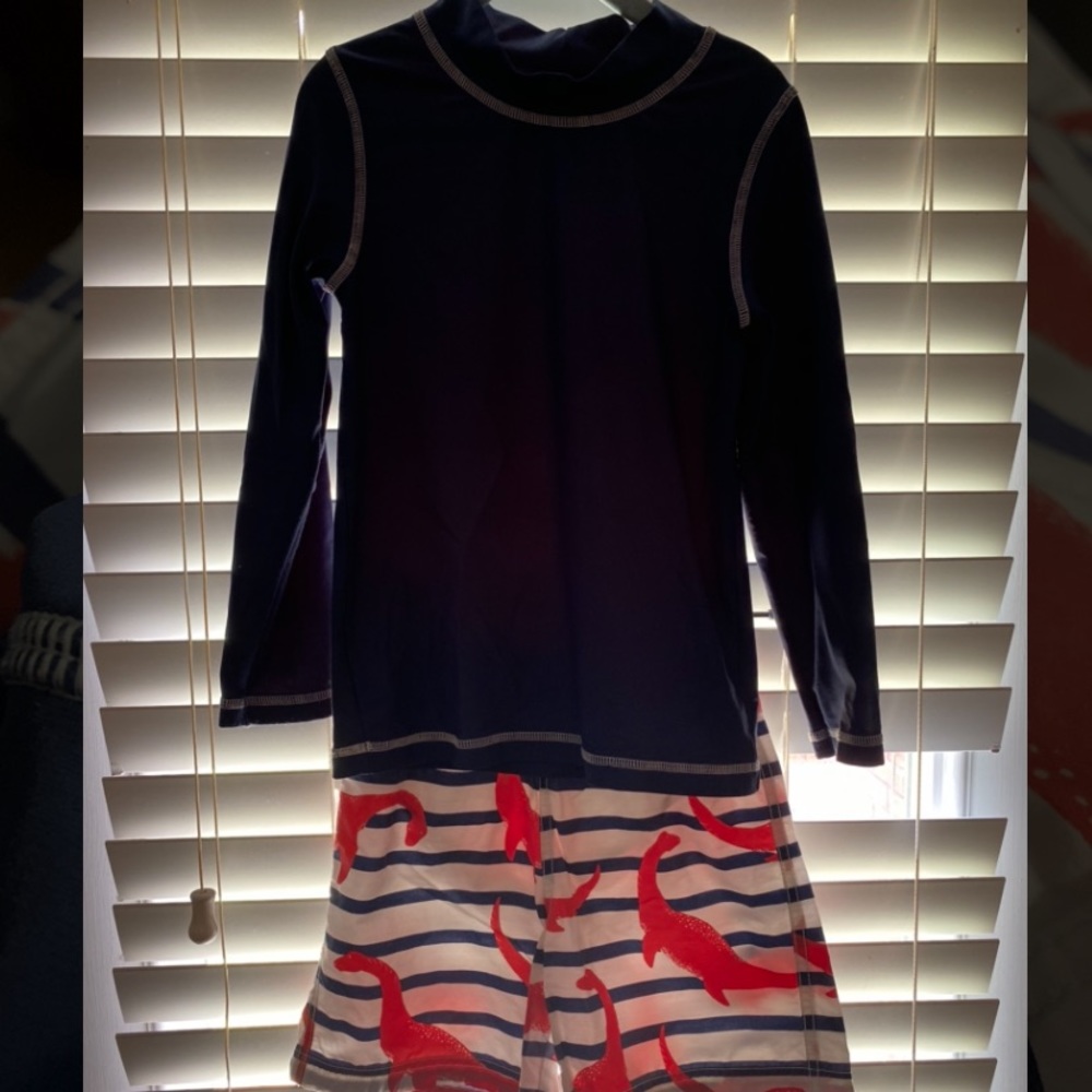 Mini Boden Swim Trunks Rash Guard Dinosaurs 6-7Y